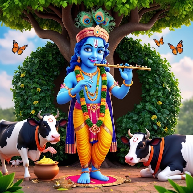 Photo depicting a young deity likely lord krishna standing under a lush green tree