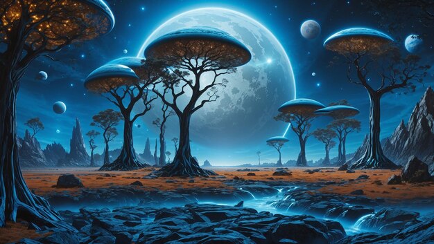 Photo depiction of an alien landscape with large blue trees and a large moon in the background