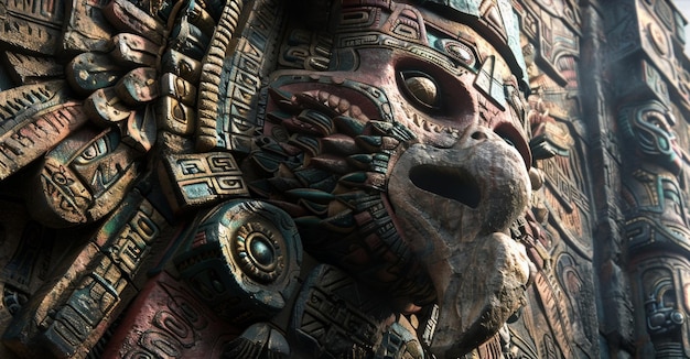 A depiction of an aztec eagle and jaguar warrior painted on the walls of a temple serves as a