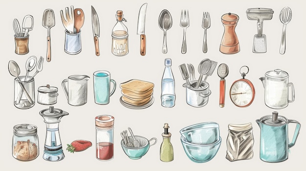 Photo depiction of different kitchen utensils and tools such as knives forks spoons cups bowls