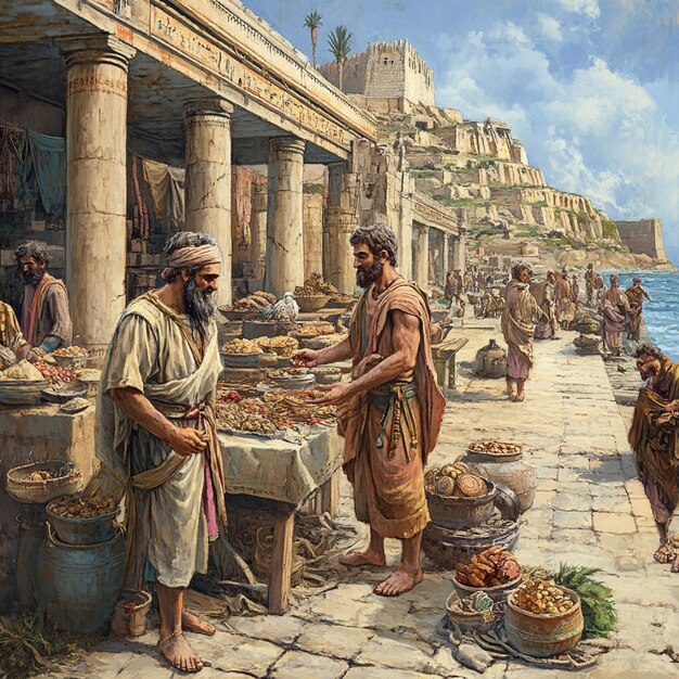 Photo a depiction of early trade and barter systems in ancient civilizations