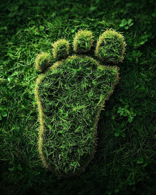 Photo depiction of a footprint crafted from grass on a lush green background symbolizing ecofriendliness