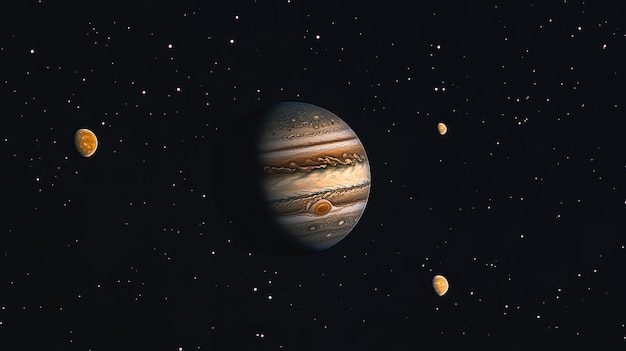 A depiction of Jupiter surrounded by its moons in a starry space background