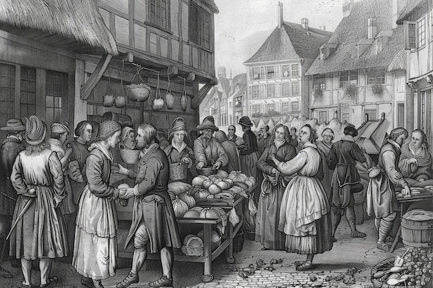 Photo a depiction of a lively group of individuals standing around a bustling market in the 19th century engaged in various activities like buying and selling goods