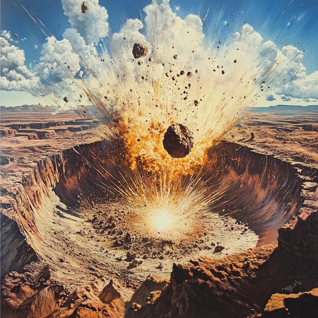 Photo a depiction of a meteorite impact with a crater forming and ejecta spreading across the landscape