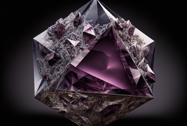 Depiction of a modern geometric pyramid in the form of a diamond or crystal in purple