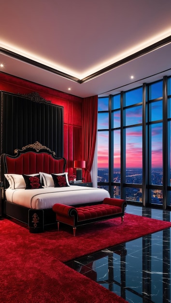 depiction of an opulent red and black luxury bedroom interior