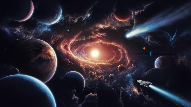 Depiction of an outer space scene filled with celestial bodies planets