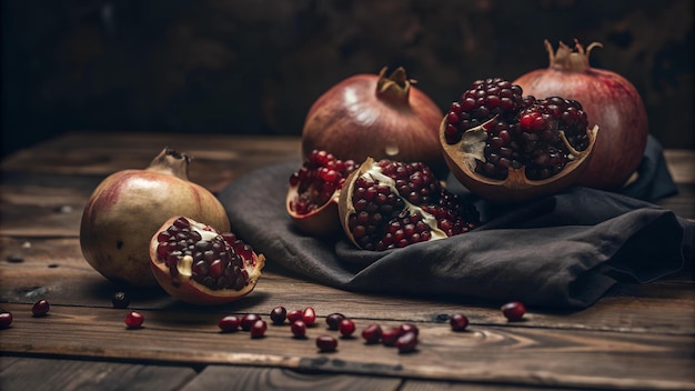 Photo depiction of a ripe pomegranate fruit with juicy ruby red seeds on a rustic wooden table