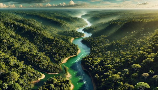 Depiction of a river view in the Amazon forest taken from above