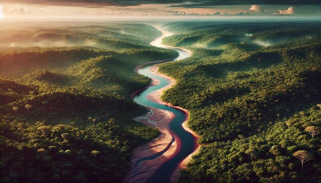 Depiction of a river view in the Amazon forest taken from above