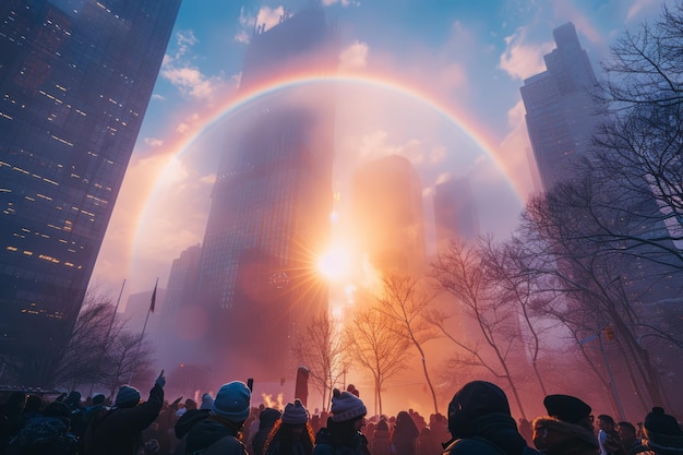 A depiction of a sun halo visible during a bustling city festival with attendees pointing and marve