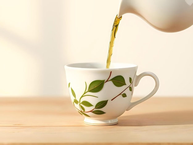 Depiction of a Teacup with Blended Leaf Texture and Minimal Background