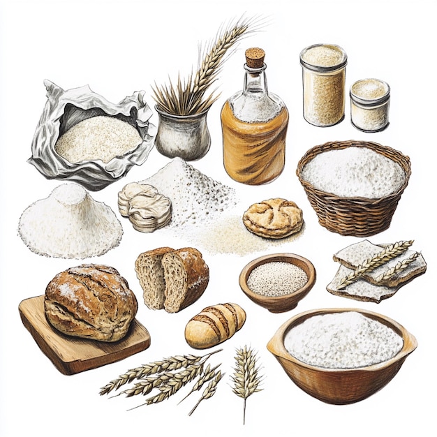 Photo a depiction of various types of flour including allpurpose whole wheat and specialty flours