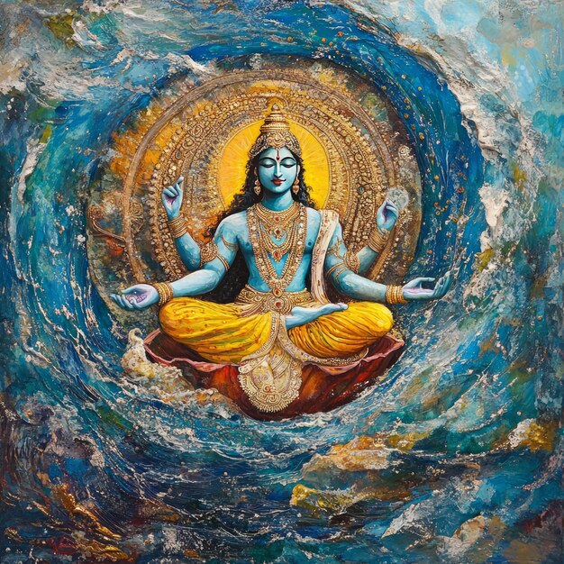 Photo a depiction of vishnu the hindu god of preservation seated in a lotus in the middle of a swirling blue ocean with four arms and adorned with gold jewelry