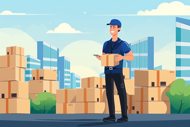 depicts a diligent parcel delivery worker Show them with a uniform carrying a stack of packages Generated with AI