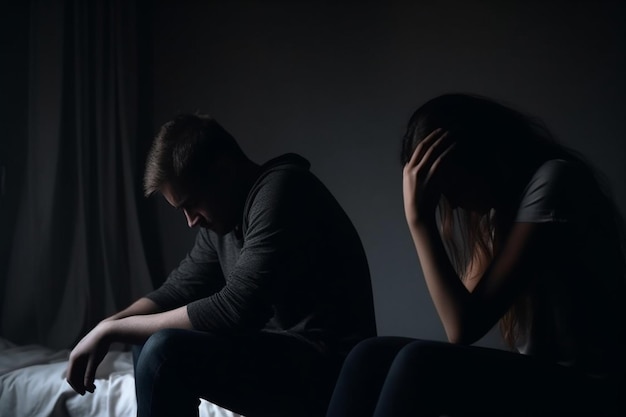 Depressed couple having a problem sitting head in hands in the dark bedroom Negative emotion