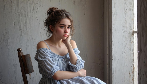 Photo depressed and lonely girl sitting on a chair