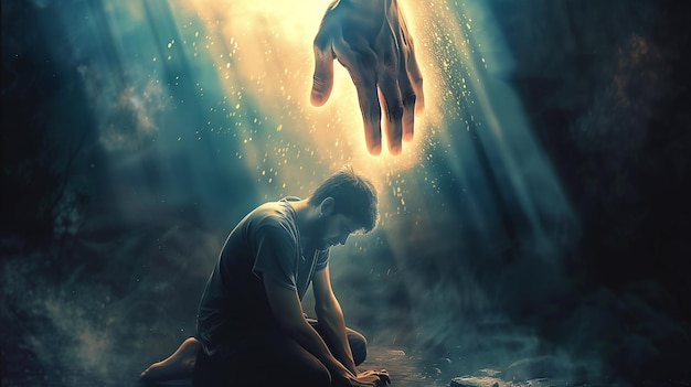 depressed man is kneeling in prayer and God hand from sky comes to help him divine power