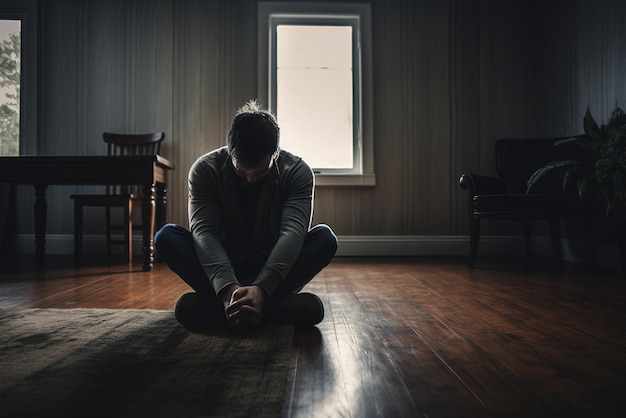 Depressed man sadly sitting on the sofa in living room Sad asian man suffering depression insomnia a