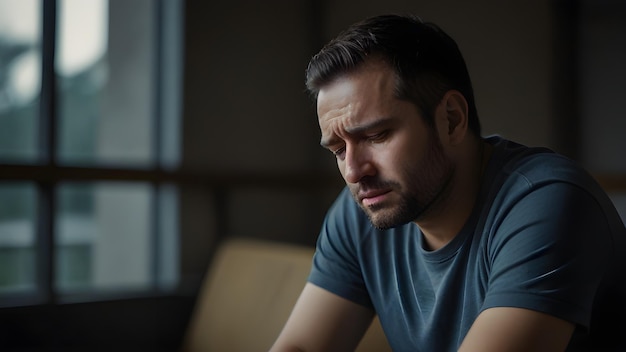 Depressed man sitting alone very sad