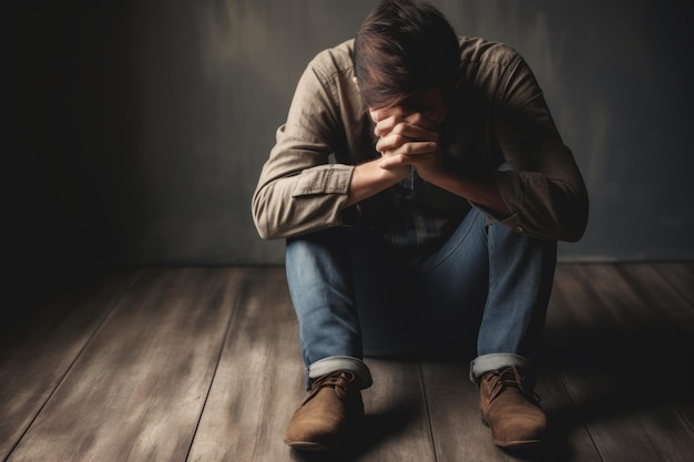 Depressed man sitting on floor feeling anxiety from hands pointing at him. Anonymous people fingers making stressed male guilty. Depression and anxiety.