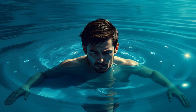 Depressed man in water surreal painting isolated with white highlights