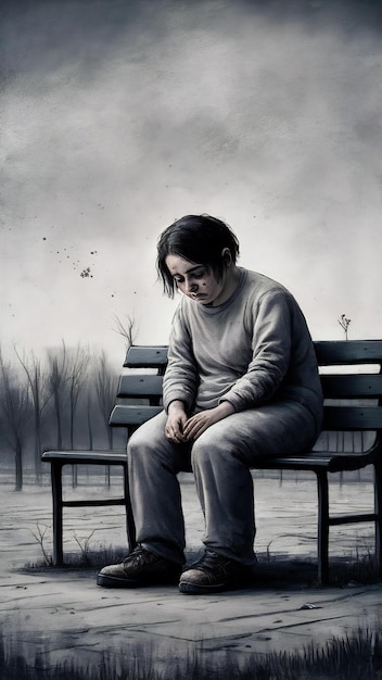 Depressed person standing alone on a bench