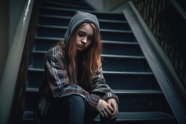 Depressed and sad teenage girl sitting in stairs