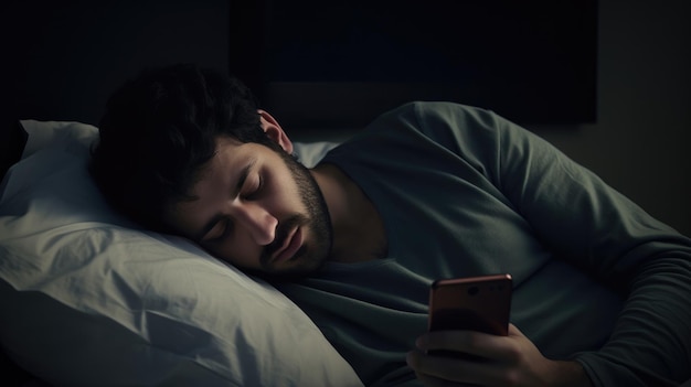 Depressed sleepy middle east young man People using a smartphone on social media internet