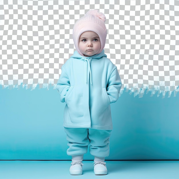 A Depressed Toddler woman with Bald Hair from the Scandinavian ethnicity dressed in Physical Therapist attire poses in a Chin on Hand style against a Pastel Blue background