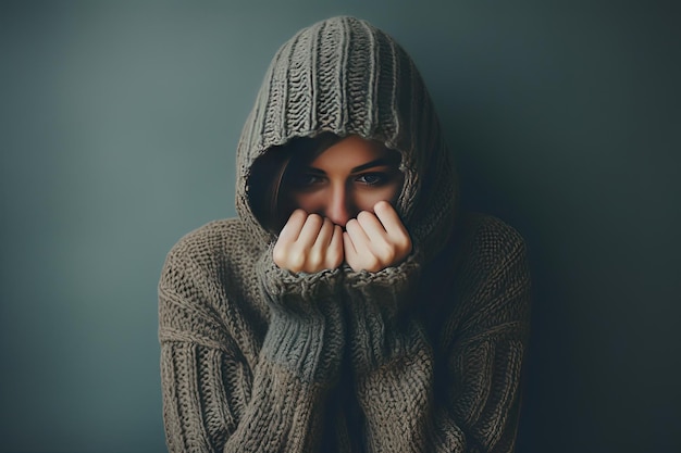 Depressed Woman Hiding Her Face in Clothes Emotional Lonely Girl Pulling Sweater Over Her Head