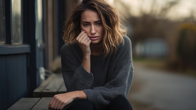 Photo depressed woman sits outside in overcast weather