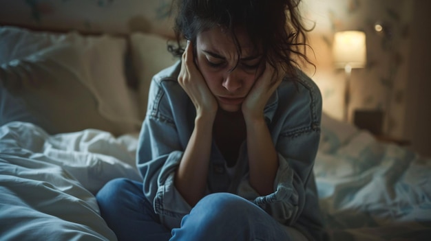 Depressed woman sitting in bed struggling with anxiety and stress