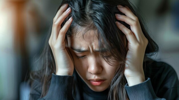 Depressed young Asian woman with mental health problem in mind need uttermost treatment from overthi