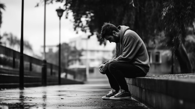 Depressed young man sitting on the street Black and white photo Generative AI