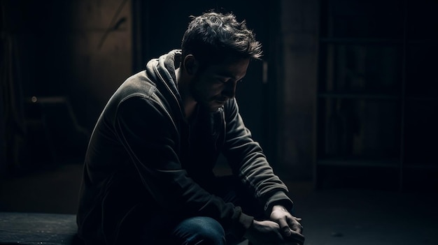 Depressed young man sitting at the table in a dark room