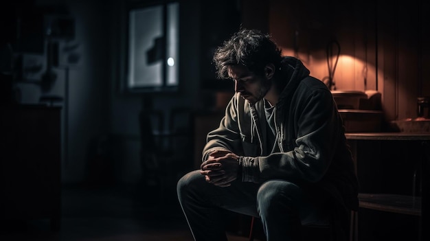 Depressed young man sitting at the table in a dark room