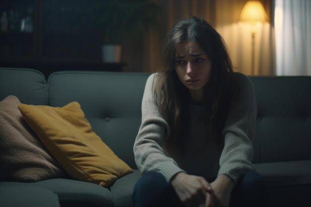 Depressed young woman sitting on sofa at night