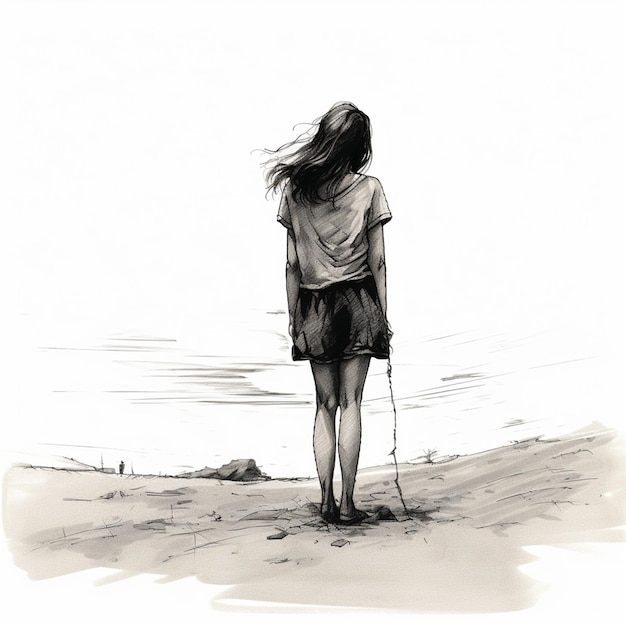 Depression and anxiety illustrator art line image girl standing watching some hope