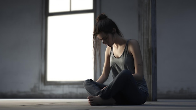 The depression woman sit on the floor