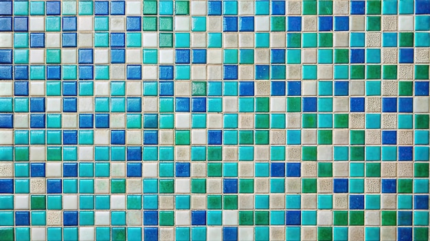 Photo depth of field checkered tile background with blue green and white tiles