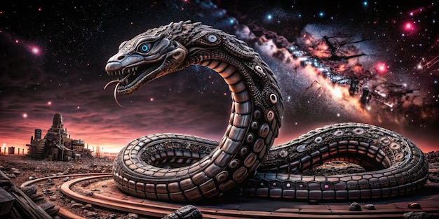 In the depths of a cosmic wasteland a colossal cybernetic serpent loom