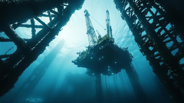 Depths of Industry Underwater Cinematic View of Offshore Oil Rig Support Structure in 8K Resolution