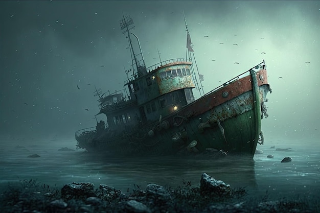 Derelict fishing boat anchored to the ocean floor in murky water created with generative ai