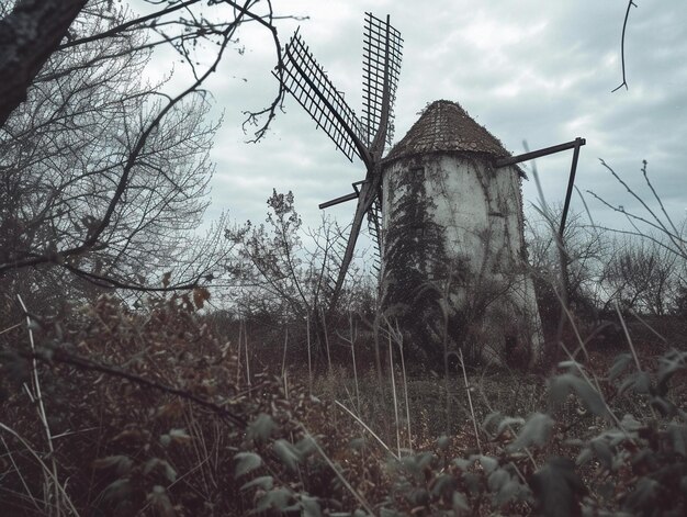 Derelict Windmill Against Twilight Sky