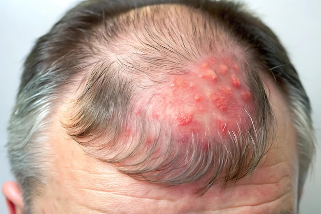 Dermatitis affected scalp with visible redness and dryness in hairline