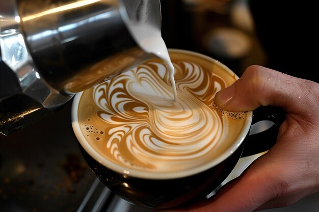 Describe the baristas sed hands as they pour steam generative ai