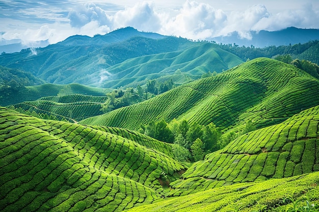 Describe the lush green expanse of the tea plantat generative ai