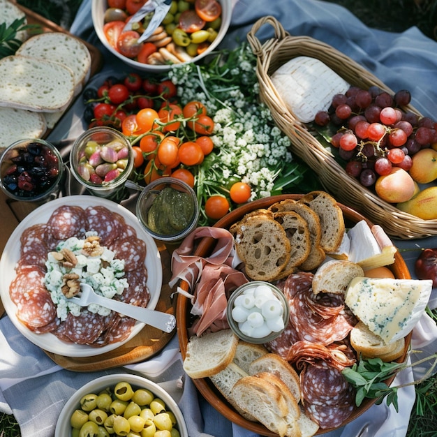 Describe a picnic spread featuring an assortment of proteinrich foods